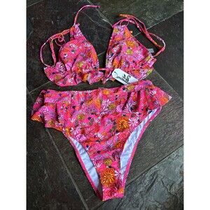 Sporlike Women Swimsuit Pink Floral Bikini Set L New Ruffle Padded Straps Lined